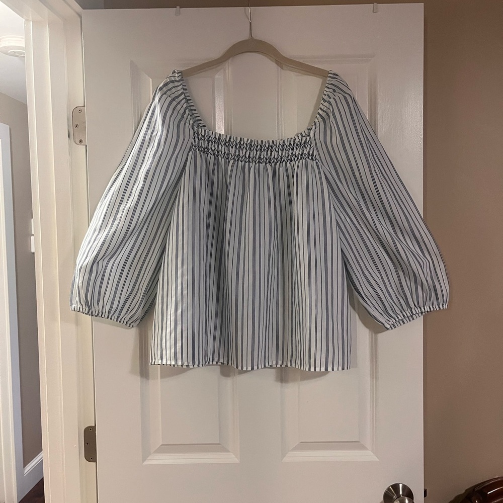 Banana Republic blue & white smocked cotton striped top.